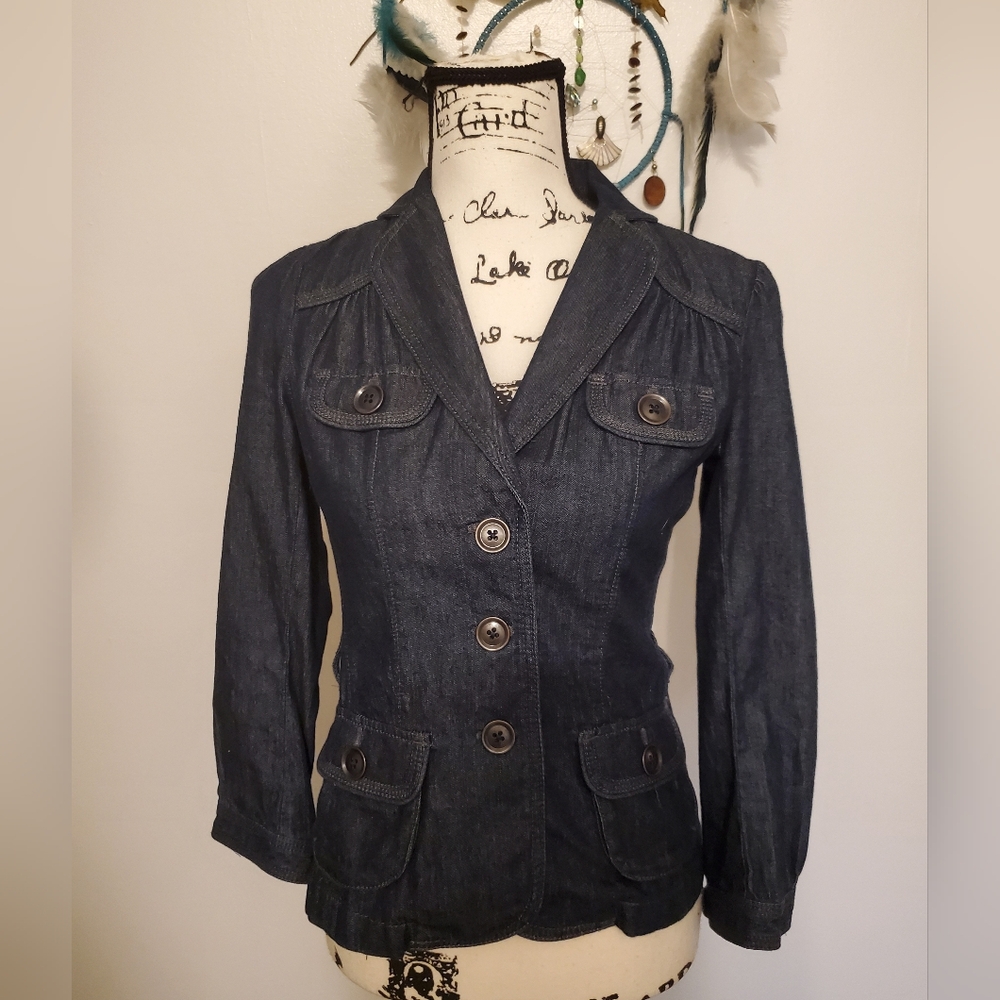 LOFT | Dark Blue Denim Women's V-Neck Y2K Jean Jacket - Size: XS